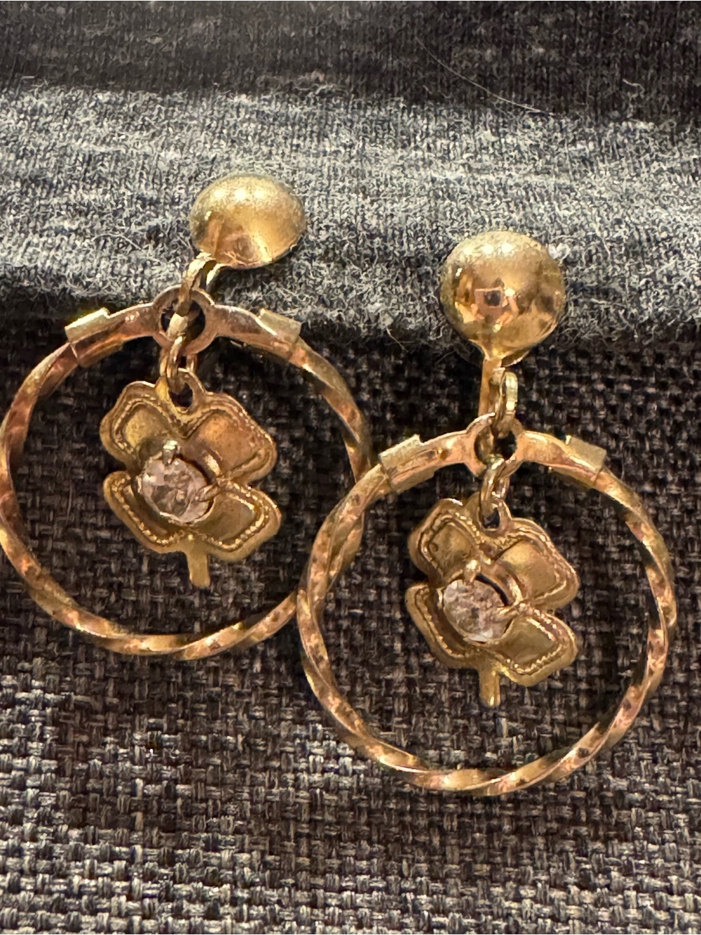 Vintage Gold Tone Floral Drop Hoop Clip on Earrings
